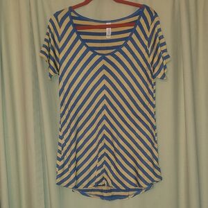 LuLaRoe Blue and Cream Diagonal Stripe Scoop Neck Tee